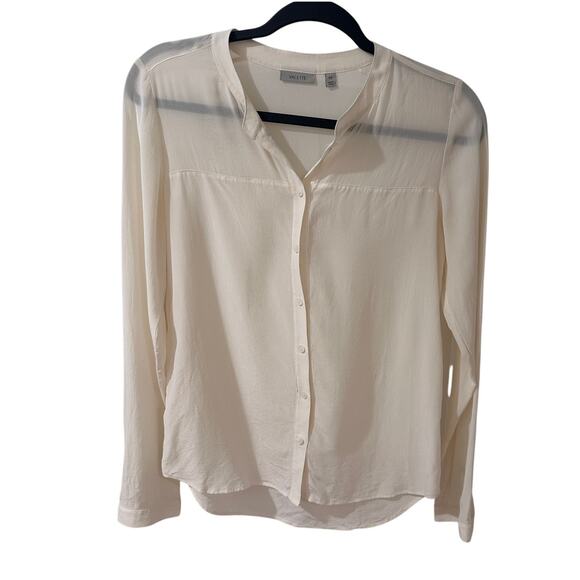 Valette Silk Long Sleeve Semi-Sheer Split Neck Top Blouse Cream, size XS - Picture 2 of 8